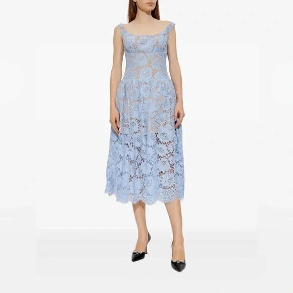 NWT- Self-Portrait Blue Midi Dress in Floral Lace - Picture 7 of 17